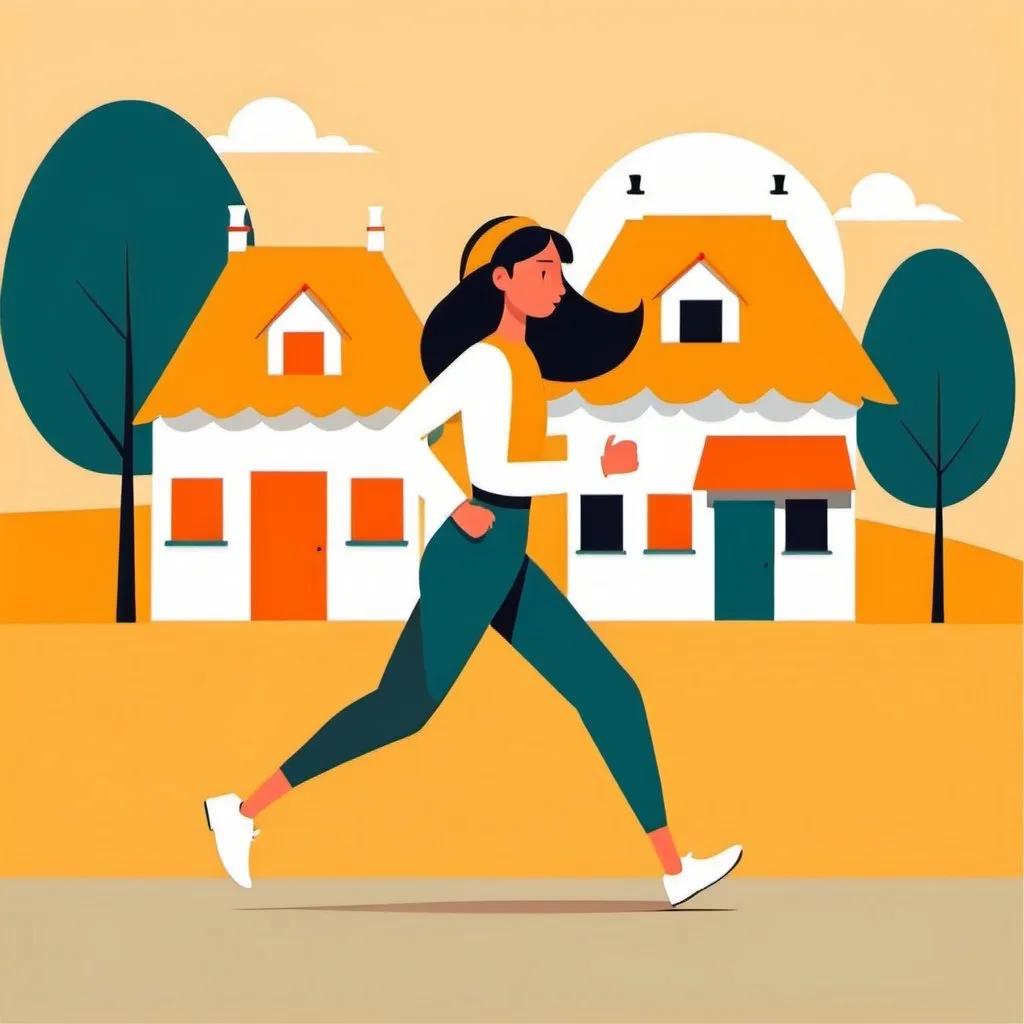 Prompt: Flat illustration a girl run the village, simple forms, simple shapes, vector, minimalism