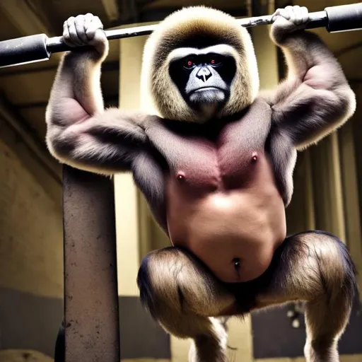 Prompt: Big strong fat gibbon lifting the weight


