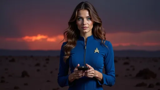 Prompt: wearing a science officer star fleet uniform with a blue tunic and black pants, and the star fleet insignia on her left chest, using a hand-held tricorder scientific instrument, on an alien world the sky is dark and ominous with a hint of red in the atmosphere