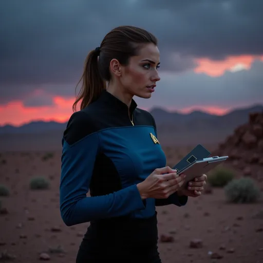 Prompt: wearing a science officer star fleet uniform with a blue tunic and black pants, and the star fleet insignia on her left chest, using a hand-held scientific pad, on an alien world the sky is dark and ominous with a hint of red in the atmosphere, her hair is up according to military protocol
