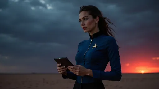 Prompt: wearing a science officer star fleet uniform with a blue tunic and black pants, and the star fleet insignia on her left chest, using a hand-held scientific pad, on an alien world the sky is dark and ominous with a hint of red in the atmosphere, her hair is up according to military protocol