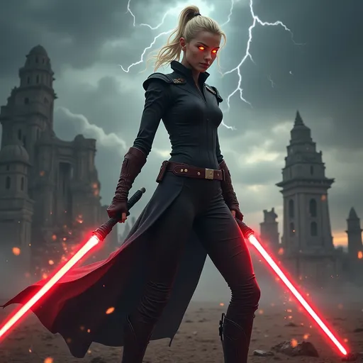 Prompt: Clad in a sleek, dark outfit with a flowing cape that highlights her athletic frame, a young woman stands poised for battle in a dramatic landscape, wielding a single glowing red lightsaber. Her blonde hair is swept back in a high ponytail, accentuating her fierce expression, her eyes glow orange, as she prepares for battle against the backdrop of a stormy sky, where flashes of lightning illuminate crumbling, ancient structures that tower ominously. The atmosphere is charged, with swirling clouds and hints of fire in the distance, casting a dramatic glow that enhances the tension of the scene. Overall, the image conveys a sense of empowerment and urgency, blending elements of fantasy and adventure as the figure exudes confidence in an otherworldly setting.