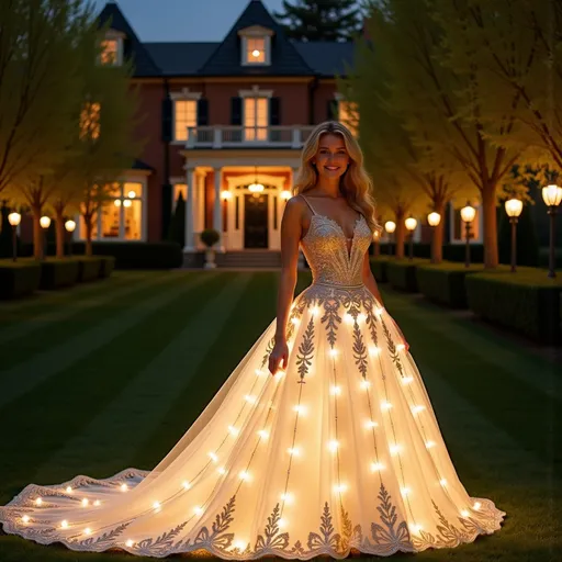Prompt: @Tx4EIULSyAMOHH1dNuo5 is wearing a beautiful, intricate, gold, cream and white gown, the trim illuminates white light, is on a grand lawn at night. In the distance is a mansion light for the night. Near her are willow trees where the buds glow.