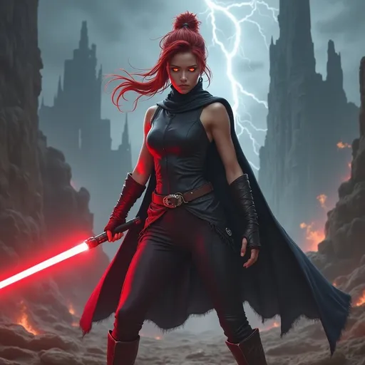 Prompt: Clad in a sleek, dark outfit with a flowing cape that highlights her athletic frame, a young woman stands poised for battle in a dramatic landscape, wielding a single glowing red lightsaber. Her red hair is swept back in a high ponytail, accentuating her fierce expression, her eyes glow orange, as she prepares for battle against the backdrop of a stormy sky, where flashes of lightning illuminate crumbling, futuristic city structures that tower ominously. The atmosphere is charged, with swirling clouds and hints of fire in the distance, casting a dramatic glow that enhances the tension of the scene. Overall, the image conveys a sense of empowerment and urgency, blending elements of fantasy and adventure as the figure exudes confidence in an otherworldly setting.