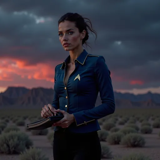 Prompt: wearing a science officer star fleet uniform with a blue tunic and black pants, and the star fleet insignia on her left chest, using a hand-held scientific pad, on an alien world the sky is dark and ominous with a hint of red in the atmosphere, her hair is up according to military protocol