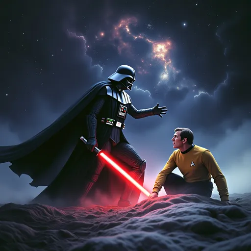Prompt: In a dramatic cosmic setting illuminated by swirling galaxies and distant stars, Darth Vader stands tall, cloaked in his iconic black armor that gleams ominously against the dark expanse. His red lightsaber casts a sinister glow, slicing through the cold air with an intensity that hints at the impending clash. Opposite him, Captain Kirk, portrayed by William Shatner, exudes a confident demeanor, clad in his classic Starfleet uniform. His expression is resolute, eyes narrowed, ready to face the formidable Sith Lord. The scene is bathed in cinematic lighting, with contrasting shadows heightening the tension, while ethereal wisps of nebulae drift between them, hinting at the vast unknown that surrounds their epic confrontation.
