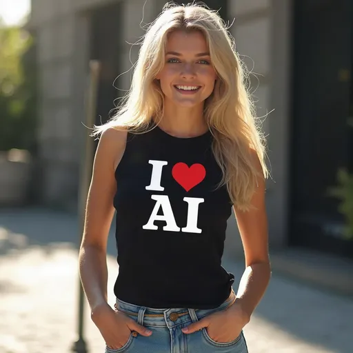 Prompt: A blonde young woman with a slim, athletic build wearing a solid ladies sleeveless black t-shirt with "I ❤ AI" written in white block letters, the ❤ is colored red, on the front tucked into light blue jeans with a thin gold web belt, blue Adidas shoes with white trim. She is outside in the sunshine, smiling. Photorealistic.