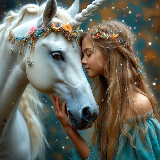 Prompt: A girl leans in to gently touch her nose against that of a majestic unicorn, creating an intimate moment filled with wonder. The girl, with long blonde hair cascading over her shoulder, wears a bright turquoise shirt that contrasts beautifully with the soft, shimmering white of the unicorn's coat and flowing mane. The unicorn, characterized by its intricately spiraled horn adorned with pastel colors, gazes down with large, expressive eyes, further enhancing the tender connection between them. Delicate sparkles and a few stars float in the air, adding a magical touch to this enchanting scene, which feels both heartwarming and whimsical, evoking a sense of friendship and fantasy.