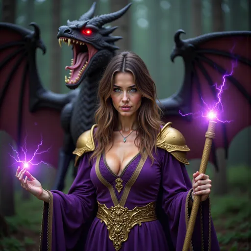 Prompt: Emerging from the shadows of a dark, mystical forest, the sorceress @A7VYmrZm1LrCgjkeWY6A  commands attention with a confident smile, showcasing her mastery of dark magic. Clad in a striking purple robe adorned with intricate golden armor, she wields a staff that crackles with a menacing purple energy, casting an ominous glow around her. Behind her, fearsome beast looms: a snarling winged dragon, it fierce expressions and glowing red eyes adding to the tension of the scene. The atmospheric lighting highlights the contrasts between the rich colors of her attire and the dark, foreboding background, enhancing the aura of danger and magic. This captivating composition merges elements of fantasy and power, inviting viewers into a tale of sorcery and mythical creatures.