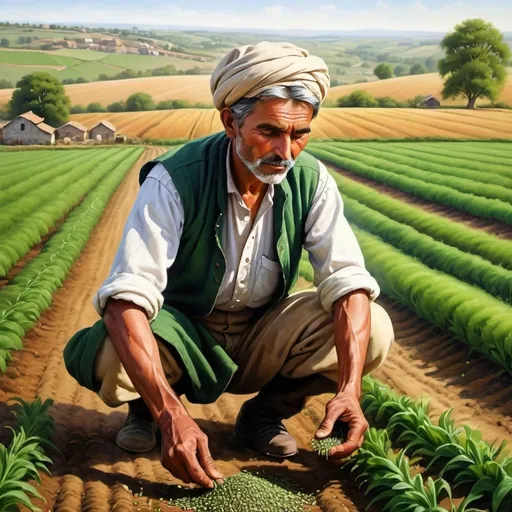 Prompt: Realistic depiction of a farmer sowing seed, vast green landscape, detailed farmer in traditional attire, focused facial expression, realistic oil painting, rural setting, gentle sunlight, high quality, realistic, traditional, detailed landscape, focused facial expression, vast fields, serene atmosphere