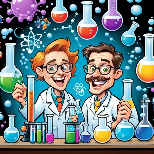 Prompt: Cartoon-style cover page for a college project on chemistry and physics, colorful illustration, playful caricatures of scientists, bubbling beakers and test tubes, excited reactions, educational fun, vibrant and energetic, best quality, highres, detailed, cartoon, chemistry, physics, educational, colorful, vibrant, playful, caricatures, scientific equipment, bubbling, excited, energetic