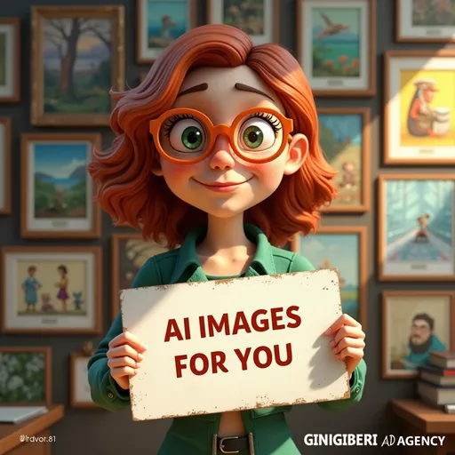 Prompt: Create a Pixar-style 3D characters style, auburn haired female, freckles, orange rimmed glasses wearing emerald green outfit standing in front of a wall covered in hundreds of photos and framed artwork she holds a sign with the text ‘AI IMAGES FOR YOU’ the bottom right include text 'GINGIBERI AD AGENCY’ in cursive signature font