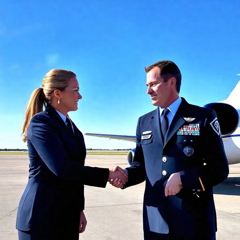 Prompt: two pilots far down the tarmac shaking hands in front of a private jet. The weather is sunny and resembles a tropical climate have one be a man and have one be a woman. have them face each other so you can't see their whole face
