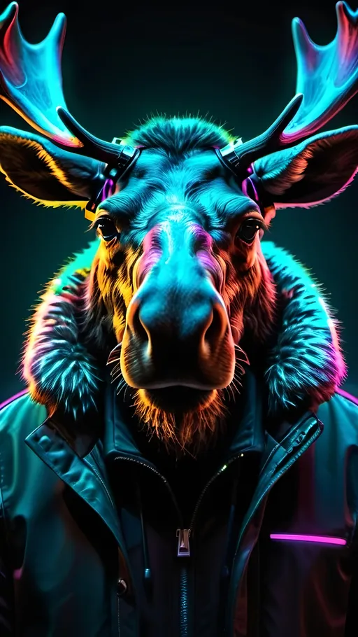 Prompt: Front-facing portrait of an anonymous moose, hacker aesthetic, digital art, sleek design, detailed fur with digital overlays, intense and focused gaze, dark and neon color palette, best quality, highres, ultra-detailed, futuristic, hacker, anonymous, sleek design, professional, atmospheric lighting