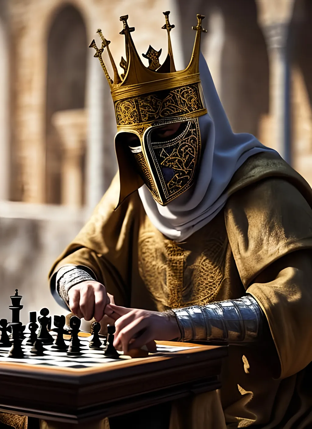 Prompt: Masked King Baldwin IV the Leper King playing chess in Jerusalem. hyperrealistic, super detailed, 8k, high quality, sharp focus, studio photo, intricate details, highly detailed,