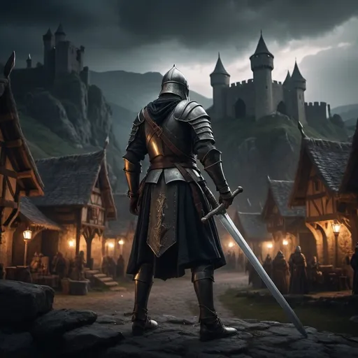 Prompt: Medieval warrior wielding a long sword in a dark-themed kingdom village, overlooking the king, 8k quality, medieval fantasy, detailed armor and weaponry, atmospheric lighting, majestic, dark and moody, ancient setting, heroic stature, epic battle scene,faceless armor