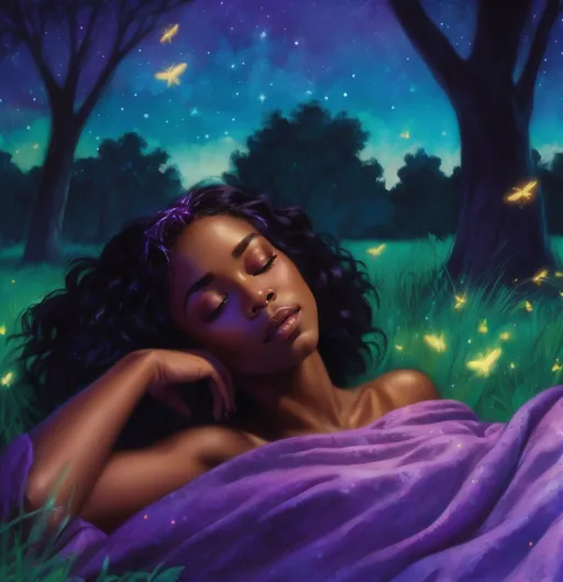 Prompt: Beautiful black woman with fairie like features lying down on the ground asleep beneath a tree under soft blanket with stars twinkling in the purple and blue sky. Fireflies float in the background. The grass is dark green with a slight purple tint. 