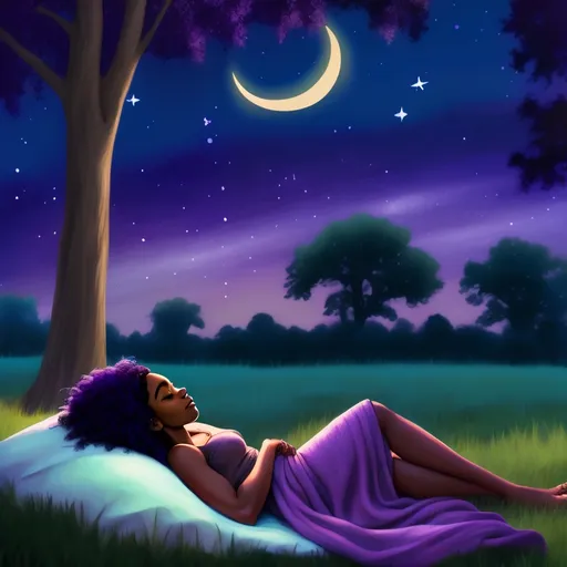 Prompt: Beautiful black woman with fairie like features, natural hair, lying down on the ground asleep beneath a tree under soft blanket with stars twinkling in the purple and blue sky. The moon is big and hangs low. Fireflies float in the background. The grass is dark green with a slight purple tint.