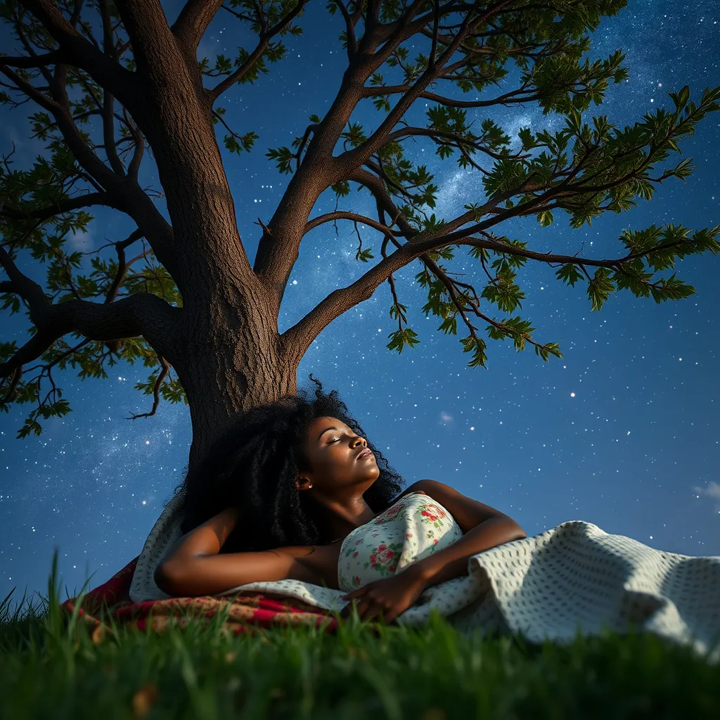 Prompt: Beautiful black woman asleep beneath the tree on top of a blanket with stars twinkling in the sky