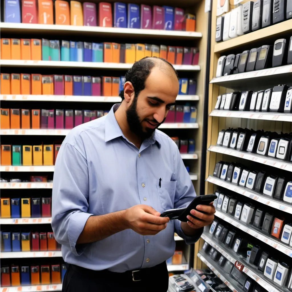 Prompt: IMAGE OF AN ARAB MAN CHOOSING A PAGER IN A STORE WITH THE HEBREW CAPTION   יש עוד אחדים במלאי.   מכירת חיסול     THANKS