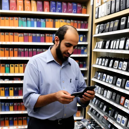 Prompt: IMAGE OF AN ARAB MAN CHOOSING A PAGER IN A STORE WITH THE HEBREW CAPTION   יש עוד אחדים במלאי.   מכירת חיסול     THANKS