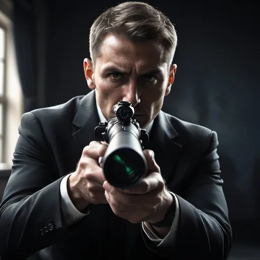 Prompt: make me a profile photo of a sniper scope looking at a man dressed in black suit
