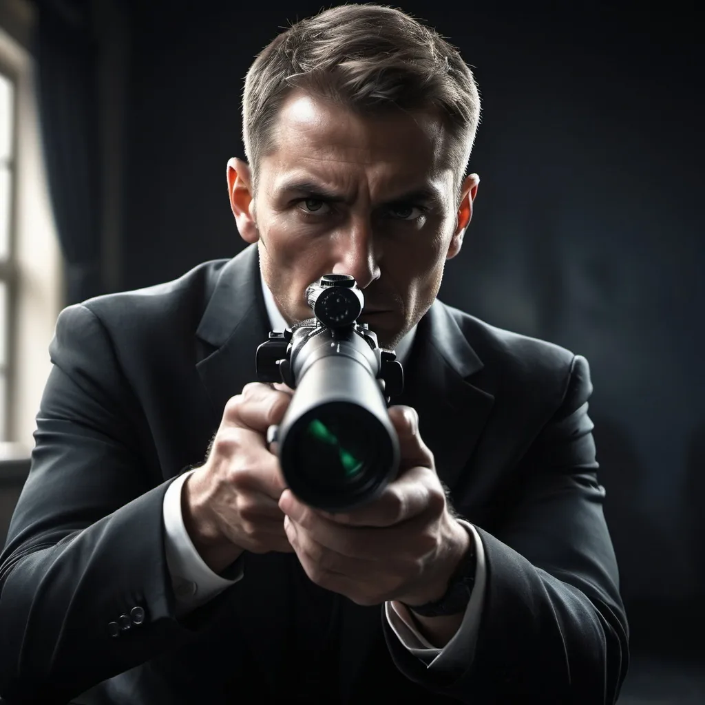 Prompt: make me a profile photo of a sniper scope looking at a man dressed in black suit
