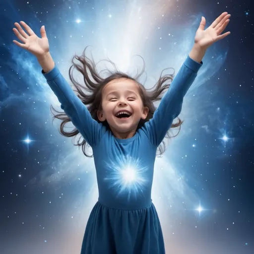Prompt: Celestial background with a blue skin joyful bsby raising her hands and energy coming out of her palms. 