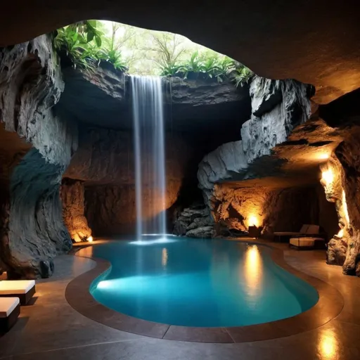 Prompt: want a cave room with a waterfall and a pool that the waterfall 