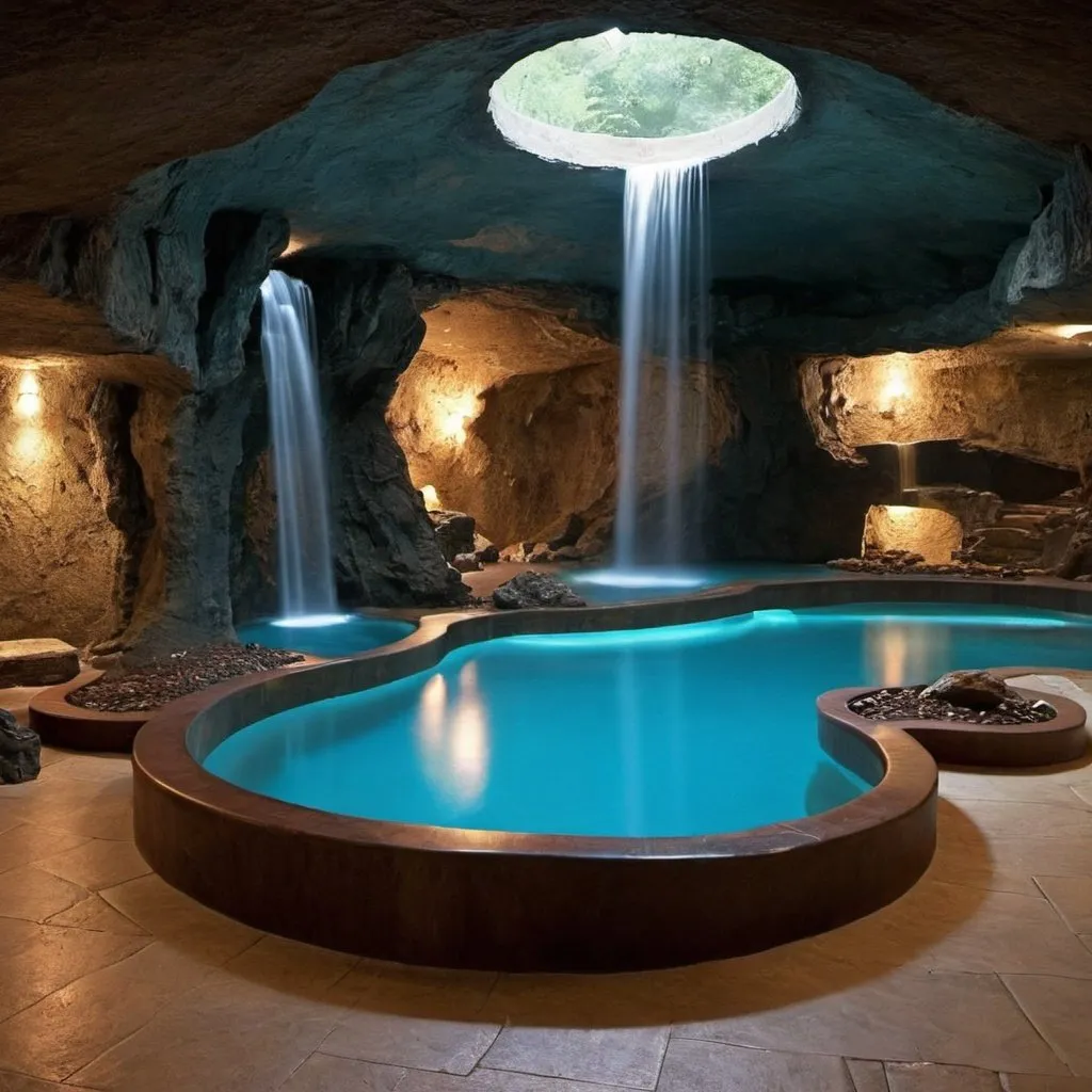 Prompt: want a cave room with a waterfall and a pool that the waterfall 