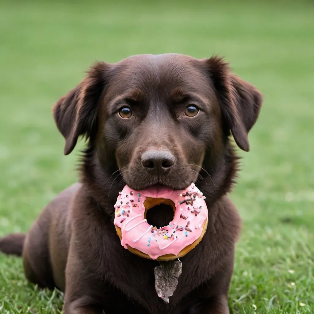 Prompt: A dog with chocolate donut 