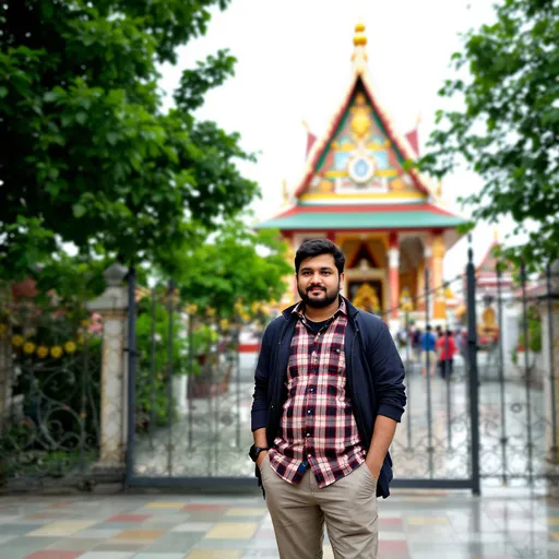 Prompt: Standing in front of a colorful temple, a man with a short beard presents a relaxed demeanor as he faces the camera. He is dressed casually in a plaid shirt with a dark jacket over it, paired with light-colored trousers and black socks. The temple features a striking pointed roof, adorned with a golden pinnacle, and is framed by lush greenery that adds vibrancy to the scene. The intricate metalwork of the surrounding fence complements the temple's design, while the tiled ground reflects a blend of colors, contributing to a serene atmosphere. The overall scene conveys a sense of calm and cultural richness, inviting viewers to appreciate both the architecture and the peaceful setting.