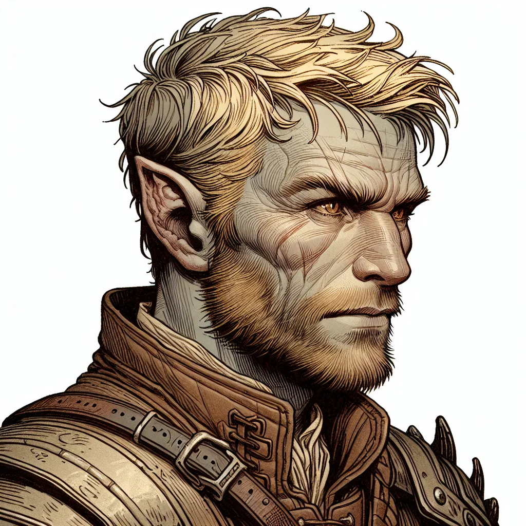 Prompt: A 2D hand-drawn style digital portrait of a male dhampir with a slightly lighter pale greyish skin tone, light golden blond short hair, and light amber-colored eyes. He has rugged, chiseled facial features with a weathered look and a seasoned appearance as a monster hunter, dressed in a mix of leather and light plate armor with a dark and intense expression. The art style resembles detailed fantasy illustrations found in a Dungeons and Dragons handbook, with intricate line work, shading, and a hand-drawn look that conveys texture and depth.