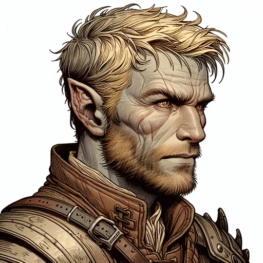 Prompt: A 2D hand-drawn style digital portrait of a male dhampir with a slightly lighter pale greyish skin tone, light golden blond short hair, and light amber-colored eyes. He has rugged, chiseled facial features with a weathered look and a seasoned appearance as a monster hunter, dressed in a mix of leather and light plate armor with a dark and intense expression. The art style resembles detailed fantasy illustrations found in a Dungeons and Dragons handbook, with intricate line work, shading, and a hand-drawn look that conveys texture and depth.