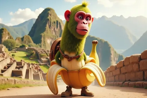 Prompt: 3D animation male monkey-banana hybrid bca08878 with green fur, pink face, banana peel body, yellow and brown accents posing for a candid photo in front of a famous landmark (such as the Eiffel Tower, Machu Picchu, or the Taj Mahal), dressed in backpacker style with a casual outfit, sturdy hiking boots, and a well-worn backpack, joyful and adventurous expression, wind in their hair or sun on their face, scenic background capturing the beauty and scale of the location, soft natural lighting (golden hour or bright daylight), travel adventure theme, subtle dust or lens flare for atmosphere, other travelers or locals in the distant background, sense of freedom and wanderlust, storytelling composition that evokes exploration and discovery.