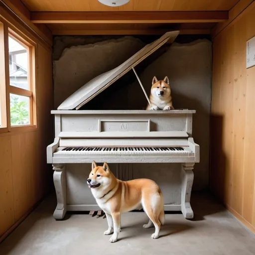 Prompt: a piano made from cement inside a wooden house guarded by akita inu 