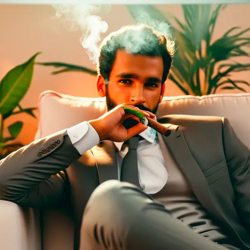 Prompt: Man holding cigar in the hand seating on the sofa, Highly Detailed, Orange light and indoor plant in the background