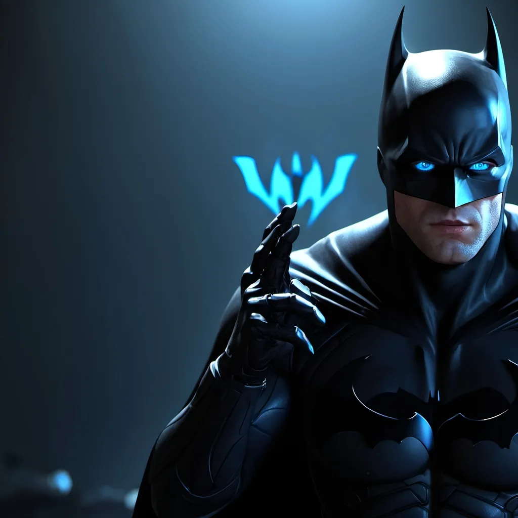 Prompt: Batman character, 4K, HDR, UHD, 8k, high resolution, with his glowing blue eyes, black suit.