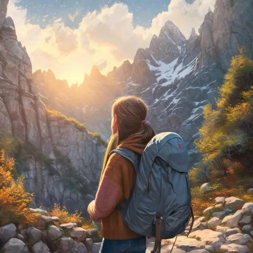 Prompt: Girl traveling in mountains, backpack, cozy sweater, hiking boots, breathtaking view, realistic, natural lighting, serene landscape, high quality, detailed brushwork, warm tones, realistic lighting