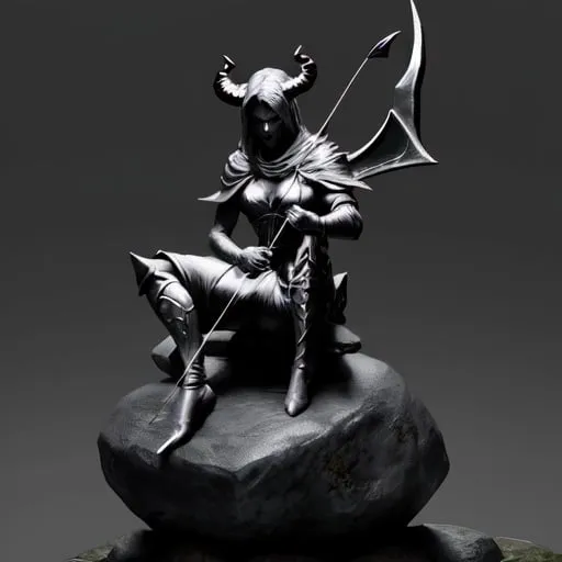 Prompt: demon hunter sitting on stone with a bow



