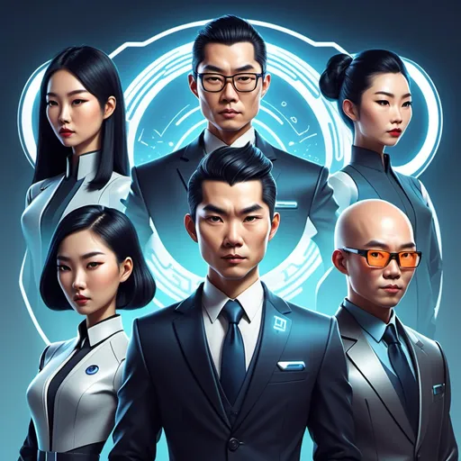 Prompt: Create a series of digital illustrations representing the following 11 asian characters in a futuristic, stylized format:

1. **MetaMen**: A central figure symbolizing adaptability and intelligence, with modern, sleek features.
2. **MetaKevin**: A confident leader in a professional suit, exuding authority with a glowing badge.
3. **MetaGenesis**: A thoughtful figure in flowing robes, surrounded by symbols of science and philosophy, radiating wisdom.
4. **MetaMilitary**: A strong soldier in modern tactical gear, blending tradition with contemporary elements.
5. **KevinDesigner**: A creative figure in a mix of casual and professional attire, holding design tools.
6. **MetaMint**: An analytical character in smart-casual clothing, with tech elements like data glasses.
7. **MetaHeaven**: A warm, gentle presence in soft colors, evoking comfort and emotional connection.
8. **MetaO Oat**: A friendly character with a warm smile, dressed casually with books or communication devices.
9. **MetaMarch**: A design-focused figure showcasing artistic and structural elements, holding blueprints.
10. **MetaMuser**: An energetic character surrounded by elements of music and art.
11. **MetaBooster**: A dynamic figure in motion, with tech features implying enhancement and acceleration.

The background should be futuristic, reflecting a blend of creativity and technology."