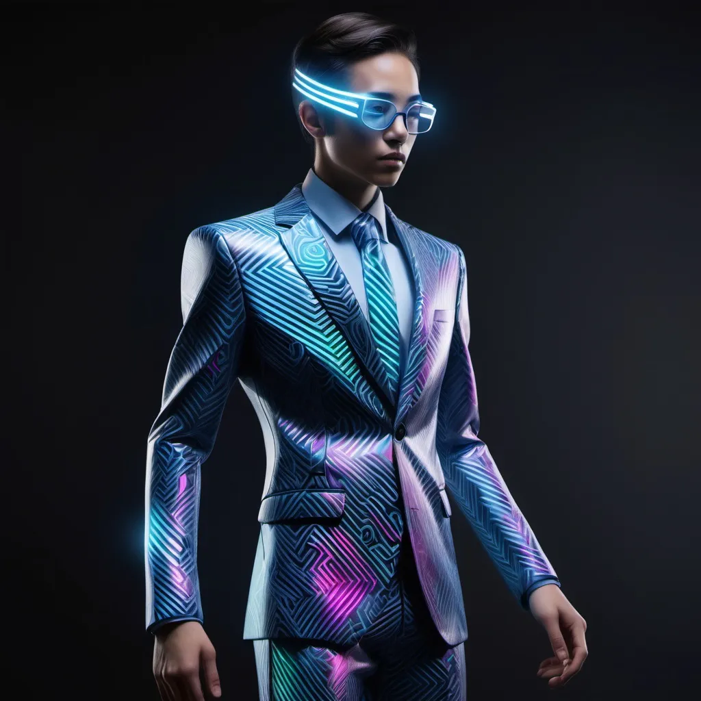 Prompt: Kevinisis (Lead Innovator Genesis):

Appearance: A futuristic figure with a sleek, illuminated suit. The suit features flowing patterns that change color based on mood and creativity.
Accessories: A holographic display that projects ideas and concepts, showcasing innovative projects.