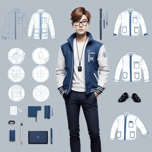 Prompt: Marckitect (Design Architect Genesis):

Appearance: A korean well-built 
k-pop oppa avatar dressed in smart-casual attire with a blueprint-themed jacket.
Accessories: Carries a digital tablet and a set of drafting tools, ready to design and create structures.