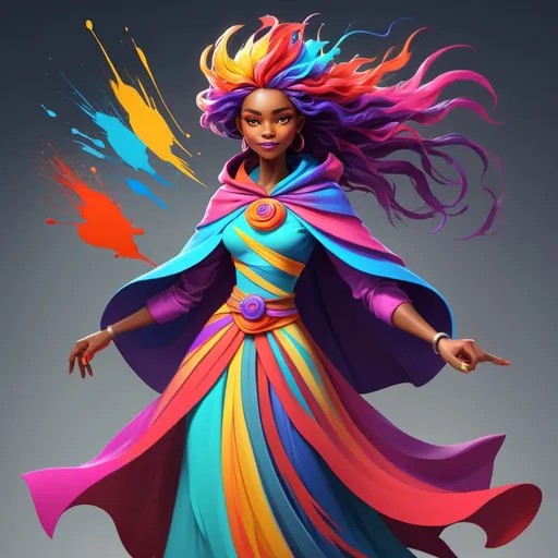 Prompt: Muspire (Inspiration Weaver Genesis):

Appearance: A vibrant, artistic avatar with colorful clothing and a flowing cape made of artistic brush strokes.
Accessories: Holds a digital palette and paintbrush, with swirling colors emanating from them to inspire creativity.