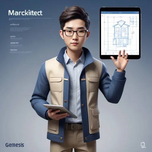 Prompt: Marckitect (Design Architect Genesis):

Appearance: A korean oppa avatar dressed in smart-casual attire with a blueprint-themed jacket.
Accessories: Carries a digital tablet and a set of drafting tools, ready to design and create structures.