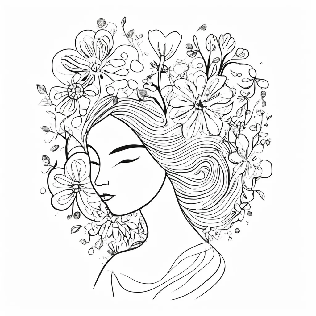 Prompt: Thin line art flower girl, whimsical design, organic flow and shapes