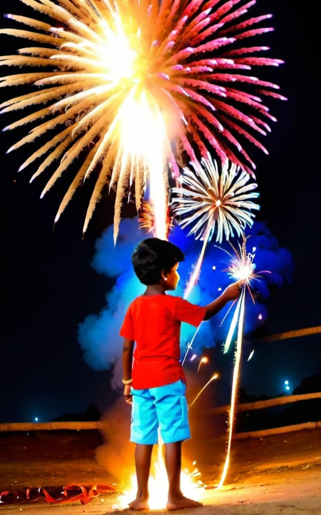Prompt: Create an image of boy who doing fire works with background "വിഷു ആശംസകൾ "
