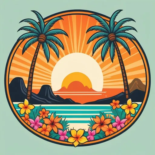 Prompt: A logo for a cruise to the  Mexican Riviera.  Add tropical flowers and a palm tree.  Style in a 1970's vibe.   just scenery and an oval shape.  No words or letters. 
 