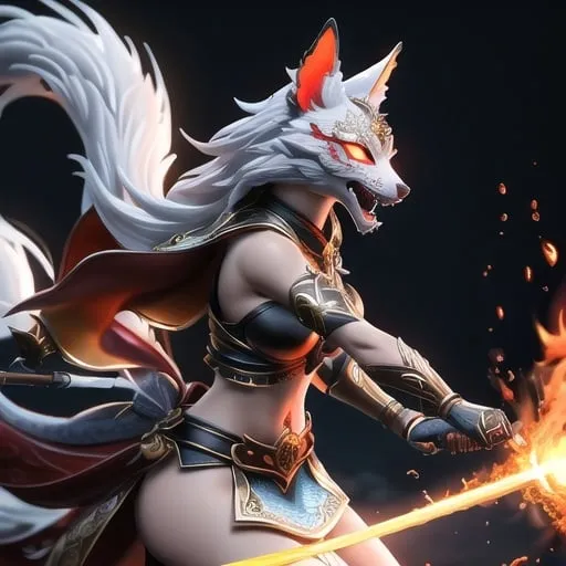 Prompt: Stunning, beautiful, kitsune, warrior advancing towards the camera, slim, toned, muscular, holding a very large spear with an elegant and shiny red blade, wild and long silver hair, bright golden eyes, intensely angry expression, slight mischievous smile, large red aura of rage, global illumination, intricate high-quality textures in HD, 8K, UHD, HDR, DSLR, gigapixel and raw, detailed and realistic photographic details, with a detailed background, rendered in 32k octane, volumetric lighting, mysterious, specular reflections, backlight, acid trip. High-definition digital art, V-Ray, highly detailed and intricate.