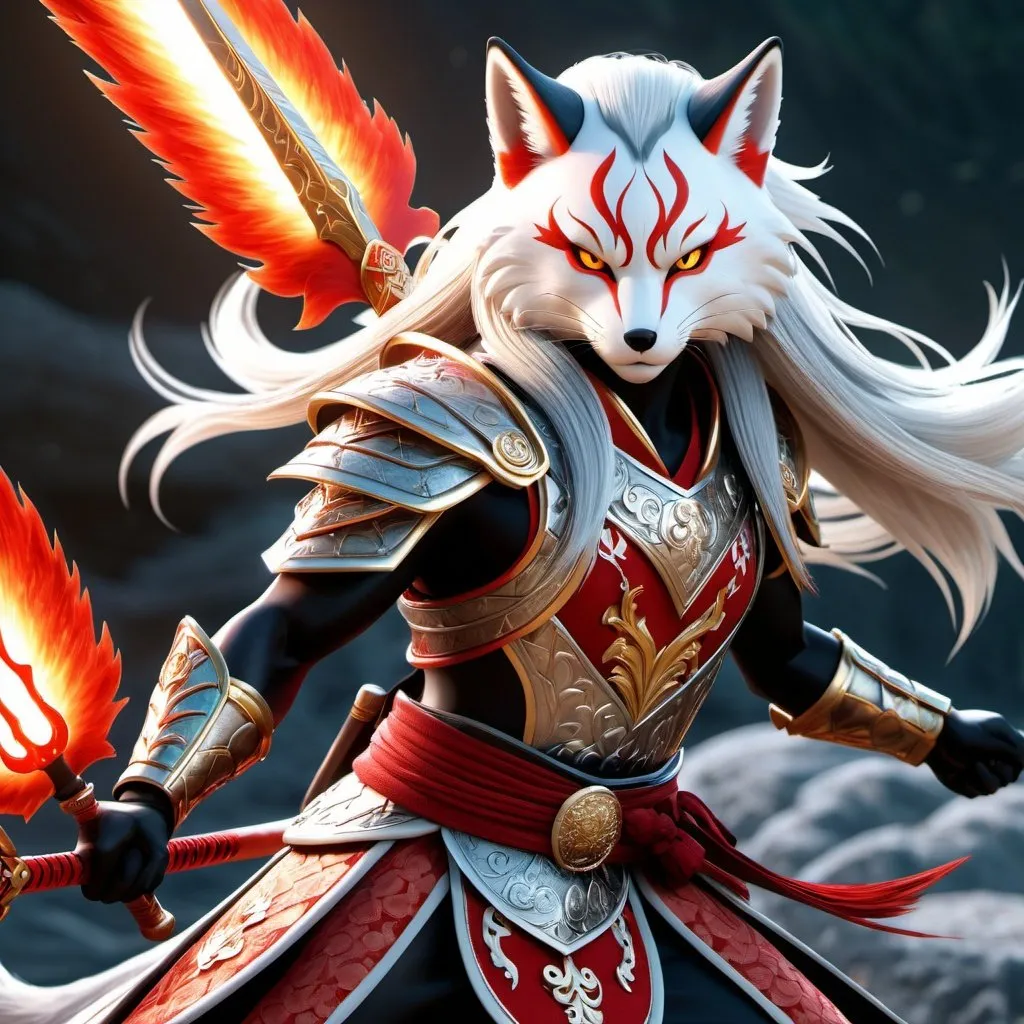 Prompt: Stunning, beautiful, kitsune, warrior advancing towards the camera, slim, toned, muscular, holding a very large spear with an elegant and shiny red blade, wild and long silver hair, bright golden eyes, intensely angry expression, slight mischievous smile, large red aura of rage, global illumination, intricate high-quality textures in HD, 8K, UHD, HDR, DSLR, gigapixel and raw, detailed and realistic photographic details, with a detailed background, rendered in 32k octane, volumetric lighting, mysterious, specular reflections, backlight, acid trip. High-definition digital art, V-Ray, highly detailed and intricate.